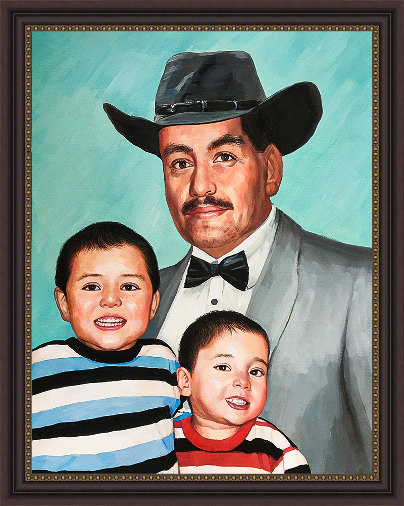 Acrylic painting of father in cowboy hat with two sons